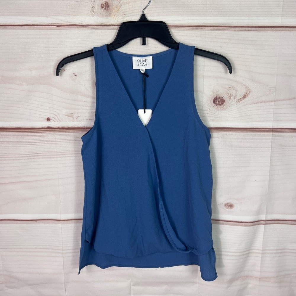 Olive & Oak Top Womens XS Blue Tank Faux Wrap Blouse V-Neck Sleeveless Solid